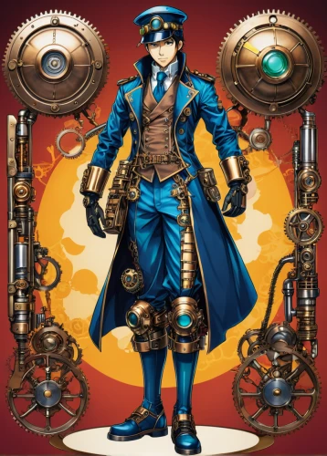 steampunk,steampunk gears,clockmaker,key-hole captain,ringmaster,watchmaker,blue-collar worker,hatter,clockwork,bellboy,naval officer,admiral von tromp,engineer,game illustration,military officer,pirate,town crier,magistrate,aristocrat,blue-collar,Illustration,Japanese style,Japanese Style 04