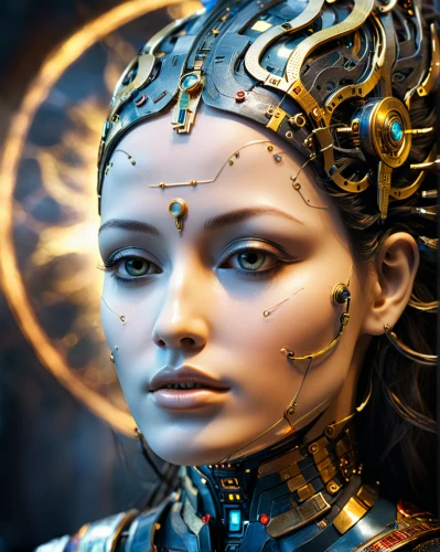 humanoid,golden crown,golden mask,cybernetics,biomechanical,fantasy art,priestess,fantasy portrait,3d fantasy,sci fiction illustration,cyborg,ancient egyptian girl,cleopatra,scifi,warrior woman,gold mask,somtum,gold crown,yellow-gold,oriental princess,Photography,General,Sci-Fi