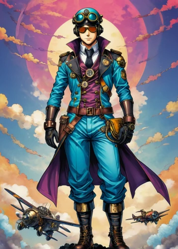 glider pilot,steampunk,pirate,fighter pilot,pilot,aviator,key-hole captain,game illustration,seafarer,admiral von tromp,pirate treasure,falconer,wind warrior,corsair,aquanaut,mariner,hatter,sea hawk,musketeer,blue-collar worker,Illustration,Japanese style,Japanese Style 04