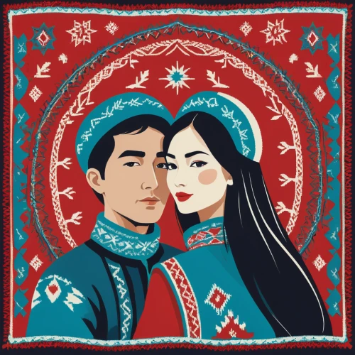 russian folk style,folk costumes,kyrgyz,christmas motif,tatarstan,young couple,novruz,azerbaijan azn,kazakhstan,folk costume,eurasian,traditional costume,russian traditions,ugly christmas sweater,christmas icons,azerbaijan,christmas pattern,christmas sweater,kyrgyzstan som,husband and wife,Illustration,Vector,Vector 01