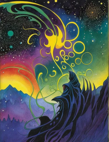 solar wind,shamanism,psychedelic art,shamanic,mantra om,astral traveler,star winds,the northern lights,unicorn art,pachamama,northern lights,five elements,cosmic,solomon's plume,earth chakra,zodiac sign libra,scene cosmic,auroras,cauldron,crown chakra,Illustration,Realistic Fantasy,Realistic Fantasy 04