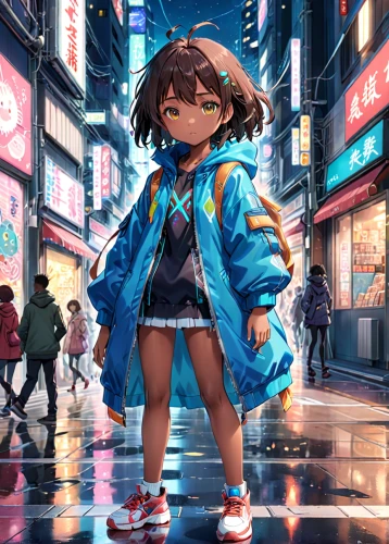 anime japanese clothing,shibuya,harajuku,tokyo city,osaka,tokyo,shinjuku,world digital painting,cyan,asakusa,colorful city,taipei,rain suit,raincoat,haruhi suzumiya sos brigade,naginatajutsu,nori,cyberpunk,asia,anime girl,Anime,Anime,Realistic