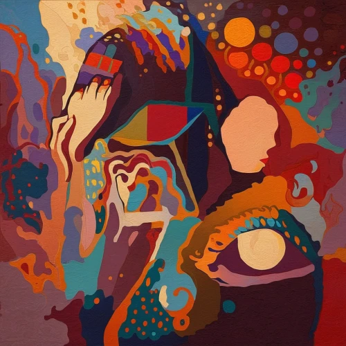 abstract painting,psychedelic art,oil on canvas,braque francais,indigenous painting,abstract artwork,woman with ice-cream,abstraction,praying woman,woman thinking,kaleidoscope,girl in a wreath,boho art,oil painting on canvas,meticulous painting,carol colman,shirakami-sanchi,palette,1971,girl with a wheel,Conceptual Art,Fantasy,Fantasy 18