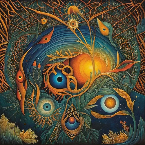 mantra om,psychedelic art,mirror of souls,kaleidoscope,pachamama,shamanism,cosmic eye,kaleidoscope art,shamanic,peacock eye,all seeing eye,zodiac,sacred art,fractals art,third eye,oil on canvas,mother earth,oil painting on canvas,astral traveler,symbiotic,Illustration,Realistic Fantasy,Realistic Fantasy 05