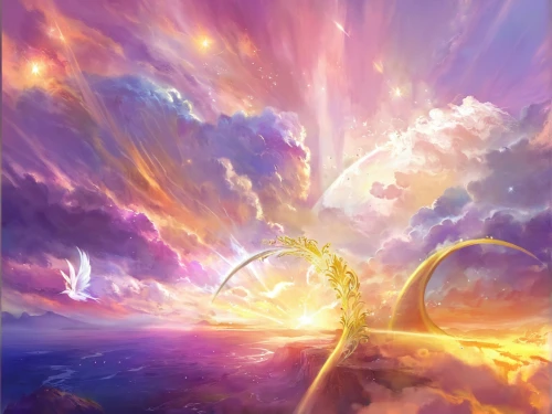 fantasy landscape,fantasy picture,celestial event,sunburst background,heaven gate,celestial,golden sun,fantasy art,astral traveler,fantasia,eternity,cg artwork,constellation swan,the pillar of light,star winds,heavenly ladder,unicorn background,sun god,background image,3d fantasy,Illustration,Realistic Fantasy,Realistic Fantasy 01