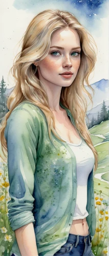 jessamine,watercolor background,watercolor women accessory,the blonde in the river,clover meadow,meadow clover,meadow in pastel,countrygirl,heidi country,landscape background,meadow,rosa ' amber cover,watercolor painting,springtime background,farm girl,photo painting,spring background,girl in flowers,bitter clover,blonde woman,Conceptual Art,Fantasy,Fantasy 16