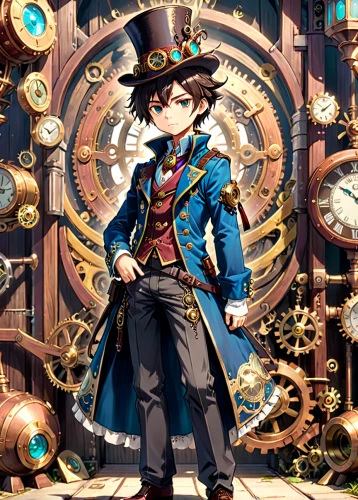 steampunk,clockmaker,hatter,ringmaster,steampunk gears,watchmaker,admiral von tromp,aristocrat,bellboy,napoleon bonaparte,magician,stylish boy,conductor,stovepipe hat,leo,naval officer,euphonium,galleon,portrait background,navy suit,Anime,Anime,Traditional
