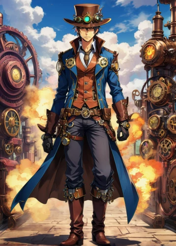 steampunk,cowboy,gunfighter,charreada,wild west,sheriff,hatter,western riding,cowboy bone,steampunk gears,stagecoach,western,cowboys,stetson,cowboy beans,cow boy,game illustration,dodge warlock,blue-collar worker,matador,Illustration,Japanese style,Japanese Style 03