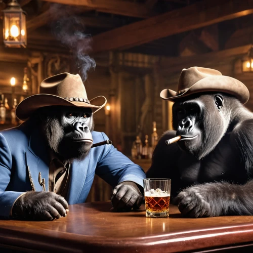 great apes,anthropomorphized animals,primates,monkeys band,cowboys,drinking party,tennessee whiskey,chivas regal,bar billiards,zoo pilsen,monkey gang,beer match,jack daniels,wild west,gorilla,business icons,two types of beer,wild west hotel,monkey family,business meeting,Photography,General,Realistic
