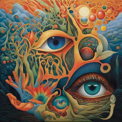 psychedelic art,third eye,cosmic eye,pachamama,mantra om,shamanism,shamanic,all seeing eye,mirror of souls,surrealism,peacock eye,consciousness,oil painting on canvas,psychedelic,lsd,el salvador dali,hallucinogenic,mother earth,fractals art,ojos azules,Illustration,Realistic Fantasy,Realistic Fantasy 05