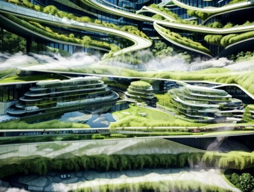 futuristic landscape,virtual landscape,rice terraces,chinese architecture,terraces,terraced,green waterfall,guizhou,futuristic architecture,vegetables landscape,green valley,environmental art,panoramical,rice terrace,terraforming,artificial island,alien world,rice paddies,chongqing,the valley of the