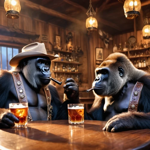 monkeys band,drinking party,great apes,tennessee whiskey,anthropomorphized animals,chivas regal,business meeting,unique bar,wild west,monkey gang,cowboys,the bears,jack daniels,business icons,primates,three monkeys,wild west hotel,bar billiards,western film,drinking establishment,Photography,General,Realistic
