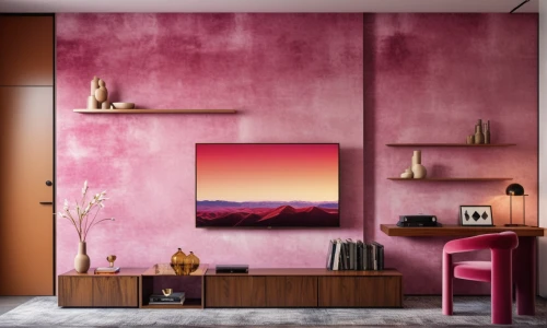 modern decor,wall plaster,dark pink in colour,dusky pink,wall decor,contemporary decor,flat panel display,wall decoration,plasma tv,wall panel,interior decoration,modern room,gold-pink earthy colors,interior decor,tv cabinet,wall,color wall,wall paint,deep pink,landscape red,Photography,General,Realistic