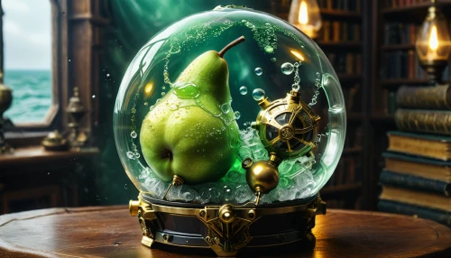 pear cognition,crystal ball-photography,potions,terrarium,crystal ball,aquarium decor,snowglobes,waterglobe,green dragon,alchemy,green apple,pear,green bubbles,message in a bottle,potion,glass sphere,poison bottle,garlic bulb,3d fantasy,apothecary,Photography,General,Natural