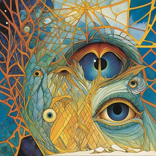psychedelic art,third eye,cosmic eye,facets,neural pathways,consciousness,abstract eye,shamanism,shamanic,eye ball,all seeing eye,biomechanical,mind-body,astral traveler,fractals art,connectedness,esoteric,mysticism,peacock eye,dali,Illustration,Realistic Fantasy,Realistic Fantasy 04