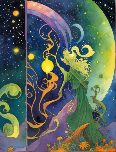 green mermaid scale,the moon and the stars,stars and moon,anahata,sun and moon,astral traveler,fantasy art,psychedelic art,violinist violinist of the moon,mother earth,moon and star,mantra om,moonbeam,celestial bodies,pachamama,prosperity and abundance,the enchantress,fae,faerie,fantasia,Illustration,Realistic Fantasy,Realistic Fantasy 04
