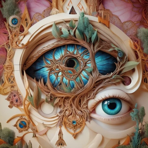 cosmic eye,cuckoo clocks,peacock eye,cuckoo clock,fractals art,all seeing eye,3d fantasy,fractalius,eye,abstract eye,paper art,eyeball,mirror of souls,eye ball,third eye,fantasy art,eye butterfly,psychedelic art,masquerade,surrealistic,Illustration,Realistic Fantasy,Realistic Fantasy 02