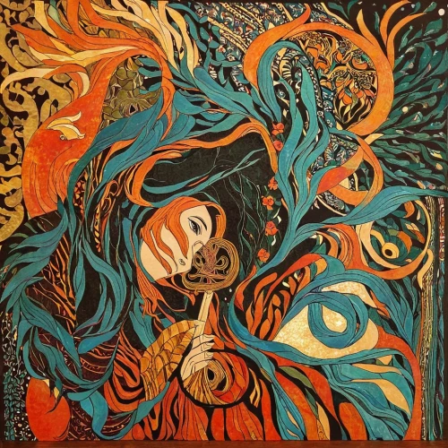 indigenous painting,koi,turmoil,psychedelic art,oil on canvas,abstract painting,shamanic,mirror of souls,shamanism,abstract artwork,tribal,abstract eye,teal and orange,tangle,koi fish,coral swirl,boho art,khokhloma painting,picasso,pachamama,Illustration,Realistic Fantasy,Realistic Fantasy 12