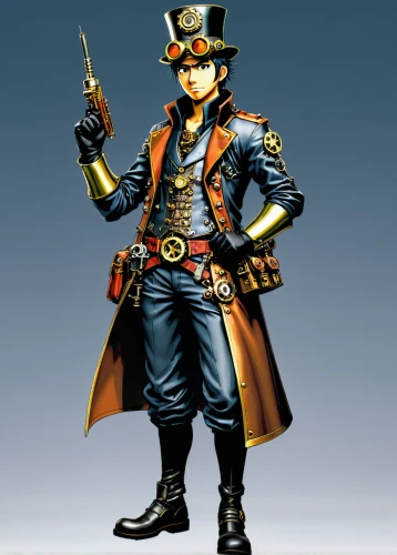 hatter,pirate,musketeer,steampunk,town crier,tower flintlock,naval officer,pirate treasure,gunfighter,pirates,ringmaster,cowboy,sheriff,male character,bellboy,hook,chimney sweep,military officer,admiral von tromp,key-hole captain,Illustration,Japanese style,Japanese Style 05