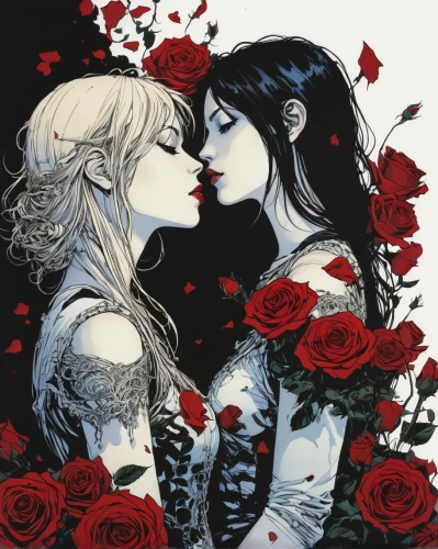 kiss flowers,red roses,girl kiss,scent of roses,with roses,rosebushes,roses,white rose snow queen,sugar roses,way of the roses,twin flowers,blooming roses,white rose,rosa ' amber cover,romantic rose,kissing,two hearts,red rose,wild roses,amorous,Illustration,American Style,American Style 06