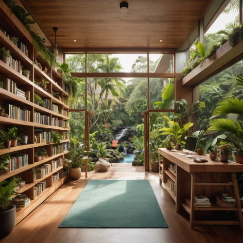 tropical house,book wall,bookshelves,reading room,tropical jungle,eco hotel,conservatory,indoor,garden of plants,tree house hotel,green living,garden shed,mid century house,bookshop,bookstore,greenhouse,book store,climbing garden,house plants,florida home,Photography,General,Cinematic