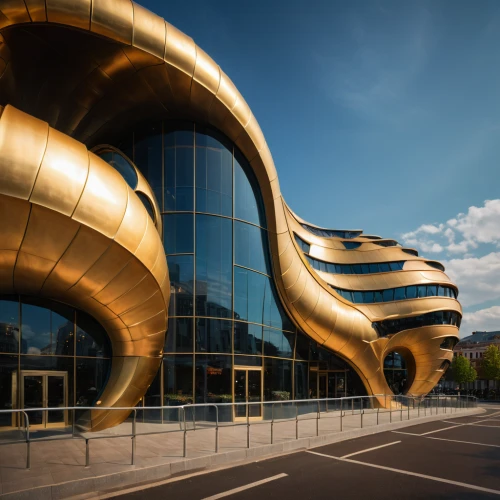 futuristic architecture,futuristic art museum,mercedes-benz museum,sinuous,largest hotel in dubai,oval forum,gold foil shapes,autostadt wolfsburg,modern architecture,gold castle,bundestag,united arab emirates,gold lacquer,jewelry（architecture）,baku eye,helix,arhitecture,metal cladding,glass facade,honeycomb structure,Photography,General,Fantasy
