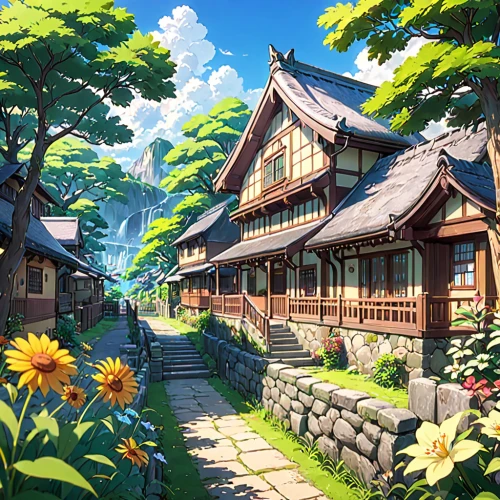 wooden houses,studio ghibli,home landscape,summer cottage,japan landscape,tsukemono,wooden house,korean folk village,roof landscape,mountain village,japanese architecture,hanok,alpine village,beautiful japan,landscape background,japanese background,mountain settlement,countryside,ginkaku-ji,beautiful home,Anime,Anime,Traditional