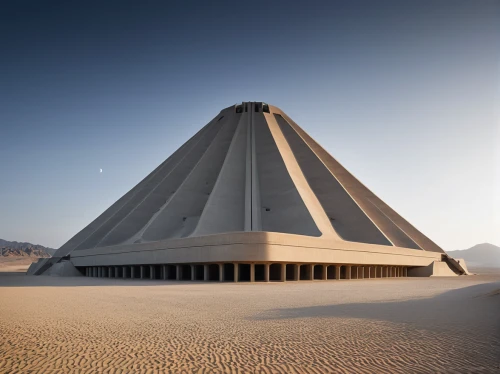 futuristic architecture,dune,russian pyramid,khufu,admer dune,pyramid,kharut pyramid,sahara,futuristic art museum,stargate,alien ship,pyramids,monolith,strange structure,eastern pyramid,viewing dune,monument protection,atari,sahara desert,mortuary temple,Photography,General,Realistic