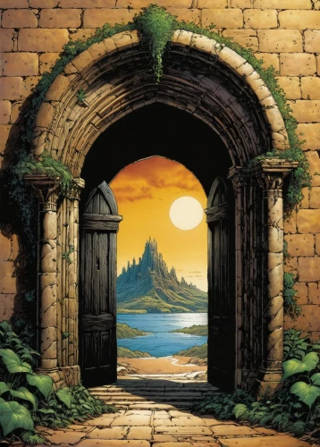 jrr tolkien,hobbiton,gateway,the threshold of the house,threshold,heaven gate,the door,doorway,archway,hobbit,labyrinth,fairy door,stargate,doors,keyhole,fantasy world,open door,cry stone walls,portal,door,Illustration,American Style,American Style 02