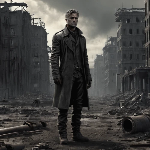 trench coat,stalingrad,overcoat,star-lord peter jason quill,destroyed city,post apocalyptic,black city,terminator,apocalyptic,dystopian,gale,post-apocalyptic landscape,black coat,old coat,frock coat,steve rogers,cleanup,fury,post-apocalypse,lost in war,Conceptual Art,Fantasy,Fantasy 33