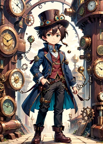 clockmaker,hatter,steampunk,watchmaker,pocket watch,clockwork,ringmaster,steampunk gears,2d,pinocchio,magician,grandfather clock,game illustration,pocket watches,conductor,time traveler,chronometer,time pointing,detective conan,top hat,Anime,Anime,Traditional