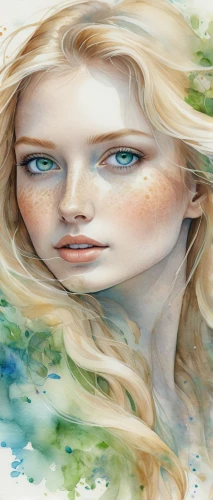 watercolor women accessory,mystical portrait of a girl,mermaid background,the blonde in the river,faery,girl in a long,fantasy portrait,photo painting,world digital painting,faerie,fashion illustration,fantasy art,dryad,portrait background,art painting,watercolor background,image manipulation,watercolor paint strokes,white lady,watercolor paint,Illustration,Realistic Fantasy,Realistic Fantasy 37