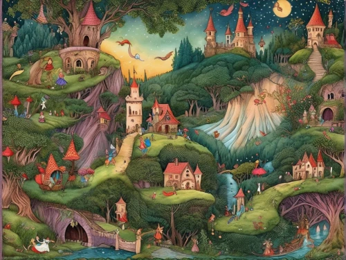 fairy village,fairy world,children's fairy tale,fairy tale icons,fairy forest,children's background,garden of eden,fantasy city,fantasy world,tapestry,villagers,holy forest,gnomes,secret garden of venus,the pied piper of hamelin,fairytale characters,medieval,fantasia,church painting,frutti di bosco,Illustration,Realistic Fantasy,Realistic Fantasy 02