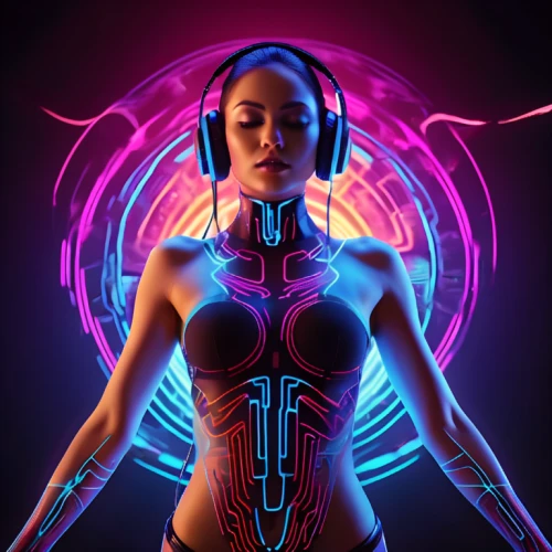 neon body painting,electro,cyborg,cyberpunk,futuristic,vector girl,echo,music background,vector art,cybernetics,music player,aura,electronic music,neon light,vector graphic,vector illustration,sci fiction illustration,uv,pink vector,neon human resources