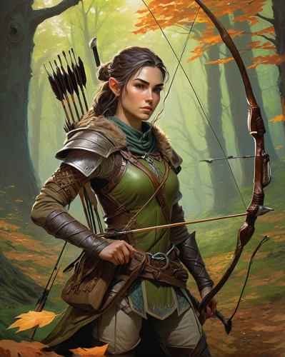 female warrior,bow and arrows,longbow,bows and arrows,swordswoman,field archery,quarterstaff,archery,huntress,wood elf,heroic fantasy,target archery,3d archery,archer,warrior woman,draw arrows,sterntaler,hand draw arrows,nancy crossbows,elven,Illustration,Realistic Fantasy,Realistic Fantasy 03