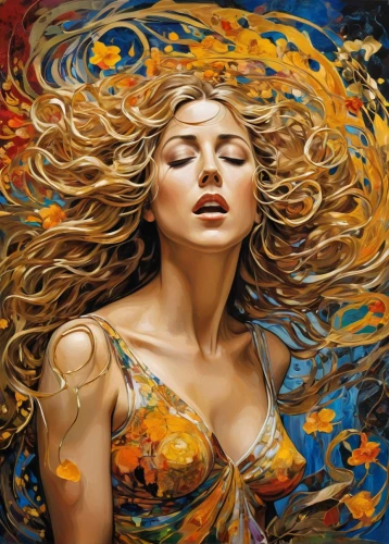 blonde woman,oil painting on canvas,fantasy art,psychedelic art,botticelli,art painting,golden haired,boho art,blond girl,oil painting,italian painter,the blonde in the river,mystical portrait of a girl,gypsy soul,blonde girl,astonishment,flower of passion,wind wave,celtic woman,fantasy woman,Illustration,Realistic Fantasy,Realistic Fantasy 39