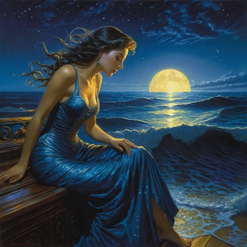 blue moon rose,blue moon,the sea maid,sea night,sea fantasy,moonlit night,fantasy picture,sailing blue yellow,girl on the boat,blue enchantress,moonlit,moonbeam,celtic woman,moonlight,fantasy art,moon shine,the night of kupala,at sea,the wind from the sea,sea breeze,Illustration,Realistic Fantasy,Realistic Fantasy 03