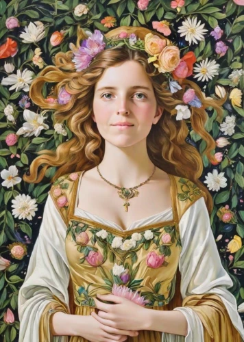girl in a wreath,girl in flowers,jessamine,girl in the garden,flower crown of christ,mary-gold,girl picking flowers,the magdalene,baroque angel,wreath of flowers,portrait of a girl,young woman,blooming wreath,cepora judith,floral wreath,flora,botticelli,kahila garland-lily,elizabeth nesbit,girl with bread-and-butter
