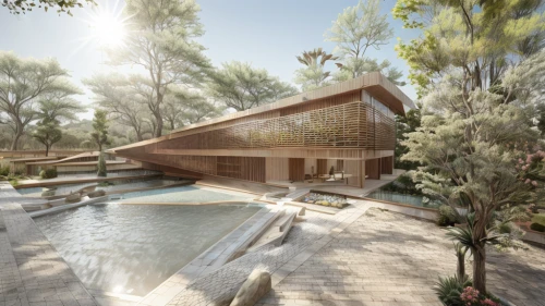 timber house,dunes house,eco hotel,pool house,summer house,termales balneario santa rosa,3d rendering,archidaily,wooden house,floating huts,house with lake,house in the forest,tree house hotel,render,eco-construction,wooden construction,chalet,aqua studio,inverted cottage,wooden sauna
