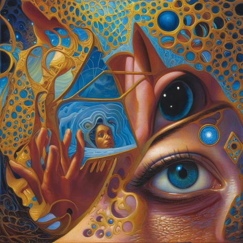 psychedelic art,third eye,cosmic eye,all seeing eye,dali,oil on canvas,oil painting on canvas,fractals art,biomechanical,ojos azules,dimensional,astral traveler,consciousness,sacred geometry,khamsa,shamanic,abstract eye,hamsa,surrealism,mantra om,Illustration,Realistic Fantasy,Realistic Fantasy 03