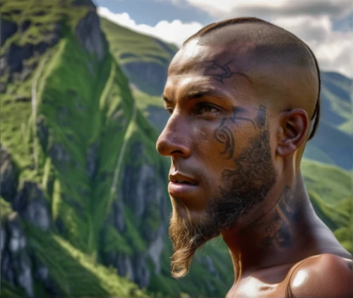 maori,cave man,neanderthal,germanic tribes,papua,male elf,polynesian,indian monk,avatar,aborigine,world digital painting,mohawk,papuan,viking,monk,fantasy portrait,primitive person,primitive man,talahi,nature and man