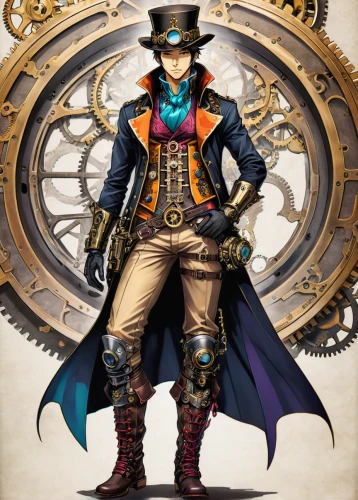 steampunk,hatter,steampunk gears,ringmaster,clockmaker,watchmaker,pirate,gunfighter,pirate treasure,galleon,stovepipe hat,gambler,charreada,clockwork,aristocrat,game illustration,key-hole captain,caravel,dodge warlock,pirates,Illustration,Japanese style,Japanese Style 04