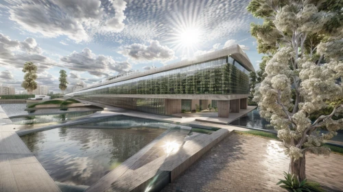 futuristic art museum,hahnenfu greenhouse,eco hotel,greenhouse effect,roof garden,greenhouse,solar cell base,futuristic architecture,archidaily,glass facade,greenhouse cover,water cube,garden design sydney,garden of plants,3d rendering,water plant,aviary,roof terrace,water wall,roof landscape