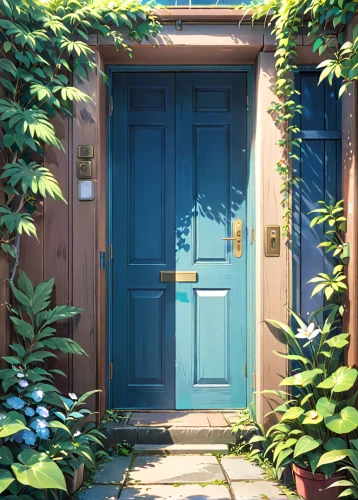 blue door,blue doors,garden door,home door,wooden door,door,open door,metallic door,studio ghibli,violet evergarden,garden shed,doorway,the door,doors,front door,shed,fairy door,threshold,old door,the threshold of the house,Anime,Anime,Realistic