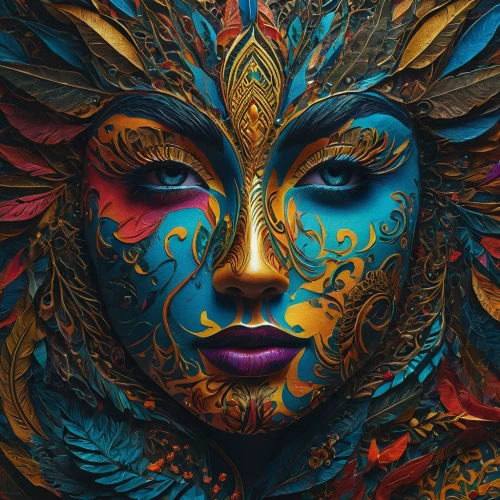 masquerade,bodypainting,golden mask,garuda,body painting,psychedelic art,fantasy art,fantasy portrait,venetian mask,masque,bodypaint,geisha,world digital painting,mystical portrait of a girl,fractals art,gold leaf,peacock,neon body painting,the festival of colors,shamanic,Photography,General,Fantasy