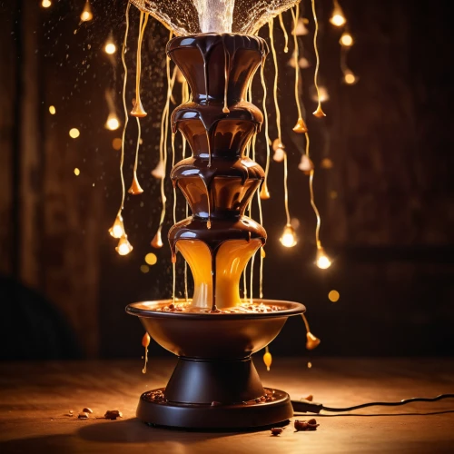 chocolate fountain,retro kerosene lamp,kerosene lamp,golden candlestick,vintage light bulb,oil lamp,feuerzangenbowle,mystic light food photography,table lamp,chemex,drip coffee maker,miracle lamp,spray candle,candlestick for three candles,incandescent lamp,incense burner,candle holder,drip castle,drawing with light,oil diffuser,Photography,General,Cinematic