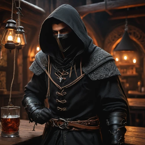 hooded man,dodge warlock,apothecary,pub,massively multiplayer online role-playing game,jägermeister,merchant,bartender,witcher,assassin,flagon,candlemaker,cloak,medieval hourglass,undead warlock,tavern,barman,reaper,barmaid,winemaker,Photography,General,Fantasy