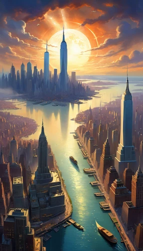 futuristic landscape,new york skyline,world digital painting,manhattan,manhattan skyline,city cities,sci fiction illustration,new york,city skyline,cityscape,metropolis,fantasy city,city scape,evening city,sky city,city view,the city,capital cities,newyork,big city,Illustration,Realistic Fantasy,Realistic Fantasy 01