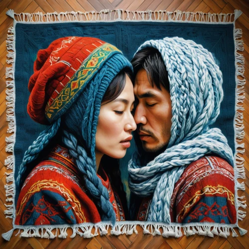 kyrgyz,oil painting on canvas,motif,young couple,oil painting,romantic portrait,shawl,love couple,quilt,art painting,mexican blanket,xinjiang,nomadic people,orientalism,holy family,two people,fabric painting,chinese art,photo painting,couple in love,Conceptual Art,Oil color,Oil Color 05