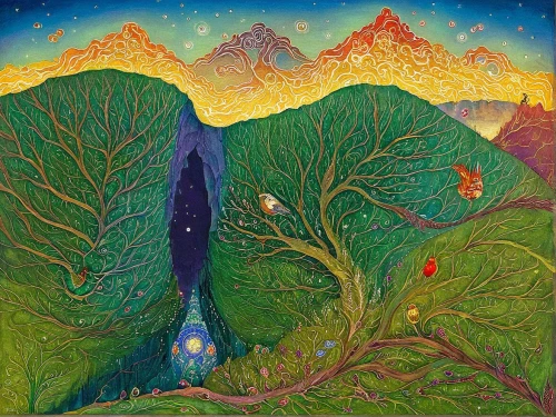 pachamama,the spirit of the mountains,mother earth,mantra om,the mystical path,mountain spring,earth chakra,astral traveler,stratovolcano,mountain spirit,mountain lake,mountain scene,anahata,the landscape of the mountains,mushroom landscape,shamanism,high mountains,acid lake,the descent to the lake,annapurna,Illustration,Realistic Fantasy,Realistic Fantasy 05